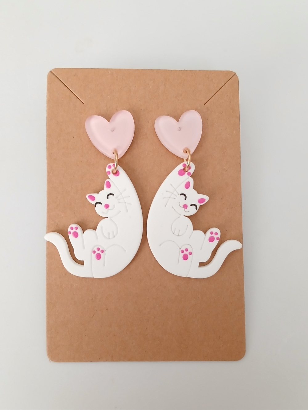 Fashion Jewelry Pink & White Cat Heart Drop Earrings - Picture 2 of 3
